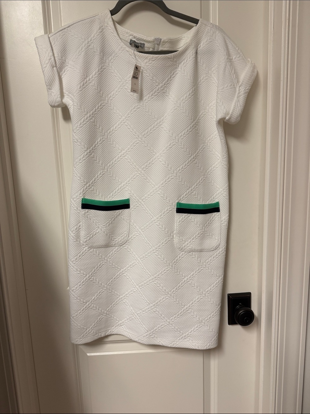 Talbots White Textured Pocket Dress with Green and Black Trim